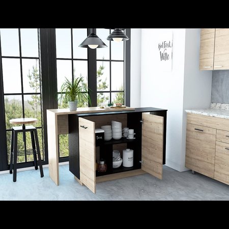 TUHOME Sicilia Kitchen Island, Two External Shelves, Double Door Cabinets, Three Shelves, Black/Light Oak BWD5580